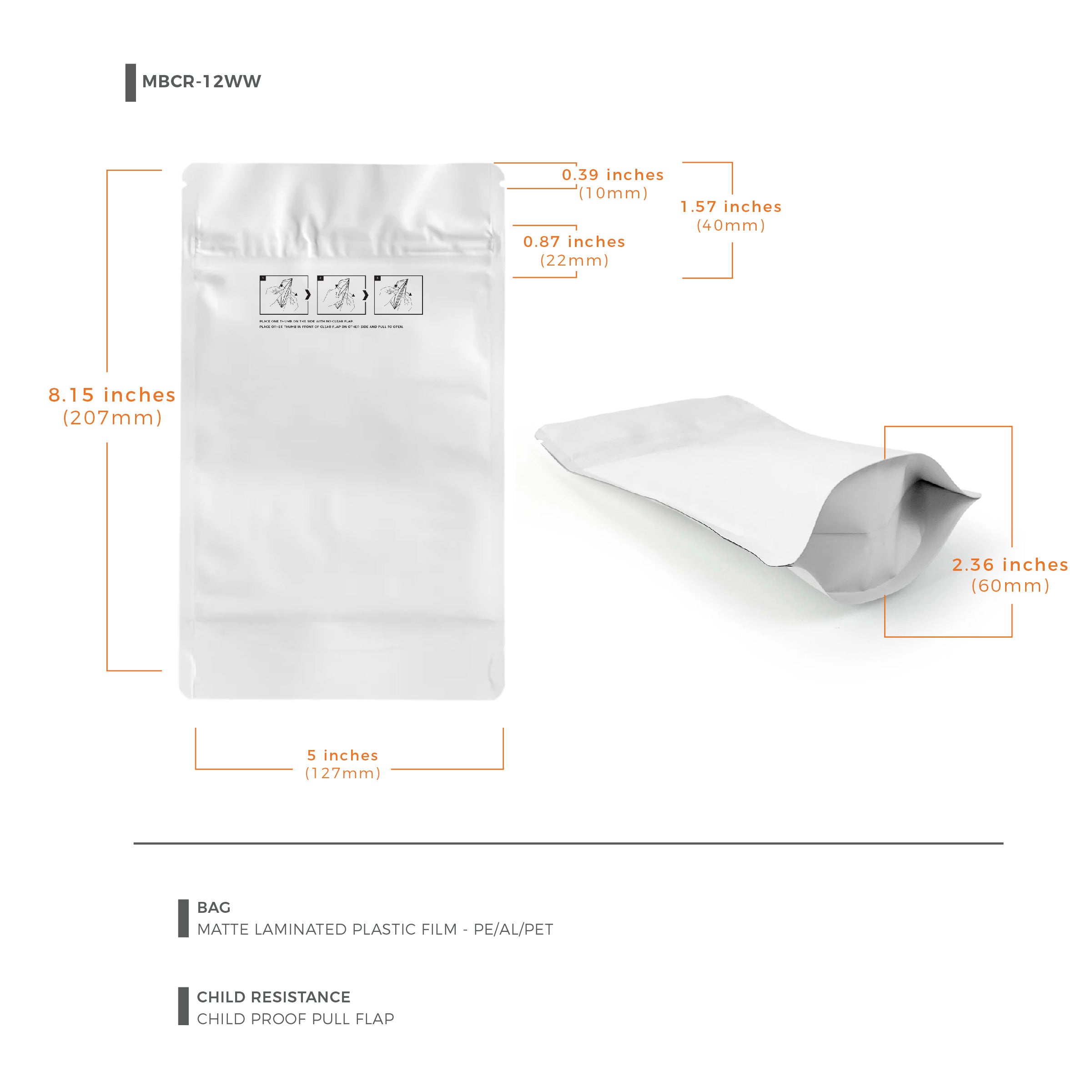Child-Resistant Resealable Barrier Bag — 5"x8.15"+2.36", White — view 10