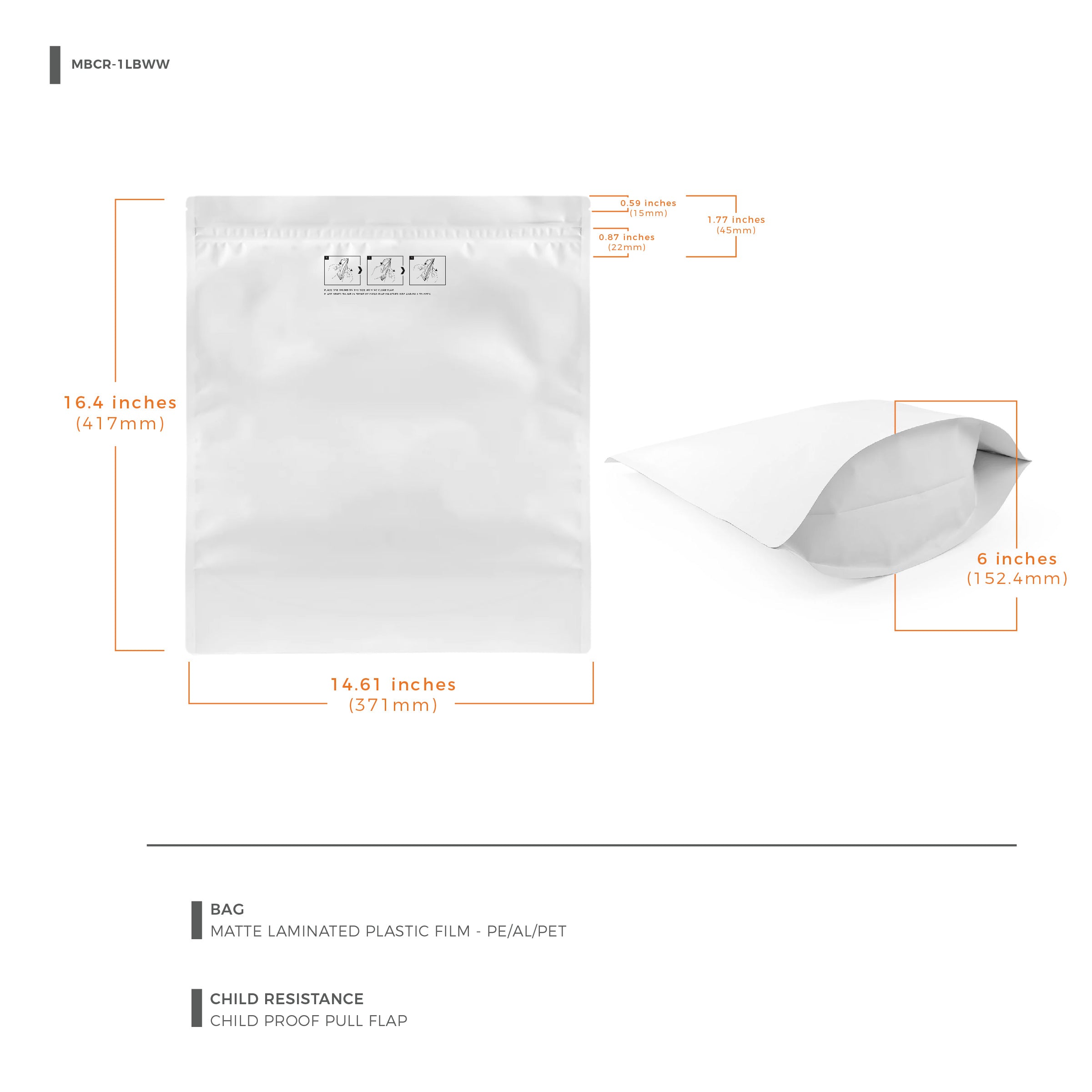 Child-Resistant Resealable Barrier Bag — 14.6"x16.4"+4", White — view 10